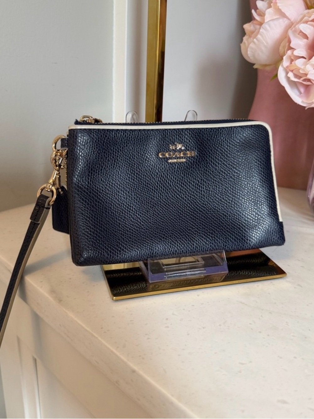 Coach Navy Double zip Leather Wristlet dust bag